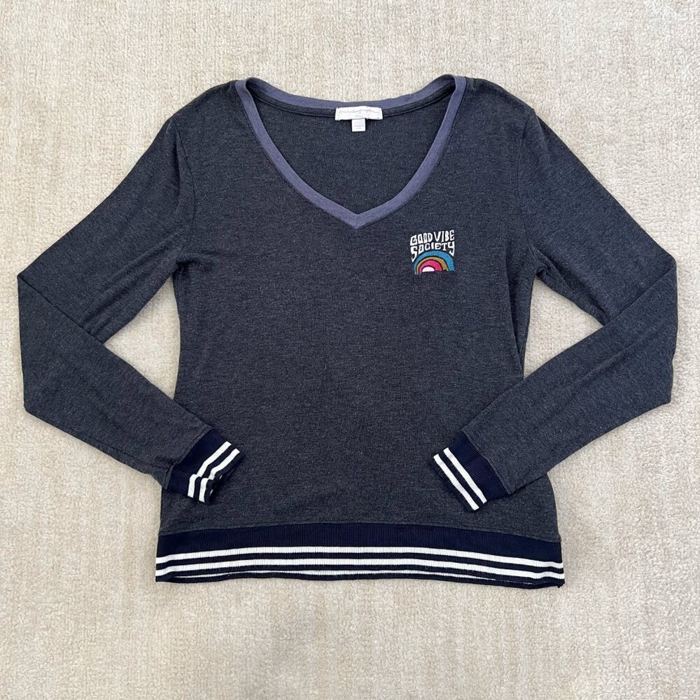 Spiritual Gangster Good Vibe Society V Neck Sweater Boho Pullover Knit Top S